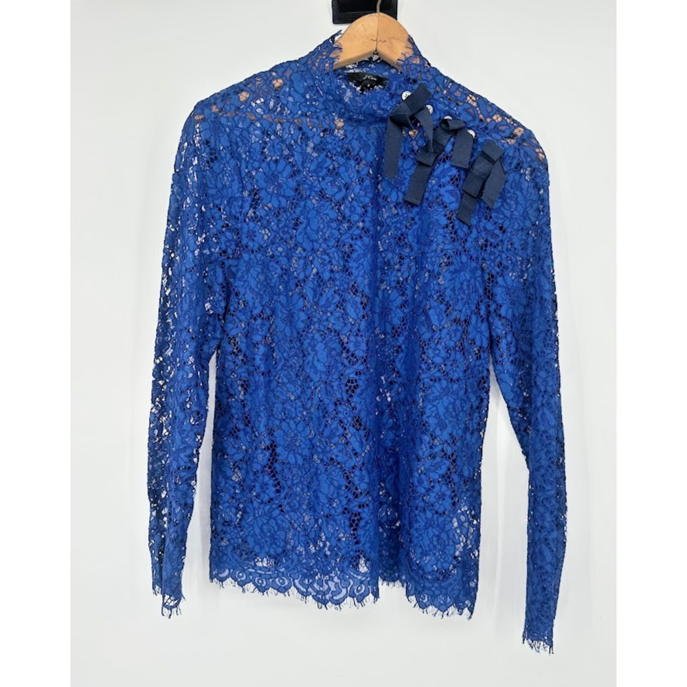 J. Crew Mockneck Floral Lace Bows in Baroque Blue Top Size 4 Elegant Feminine